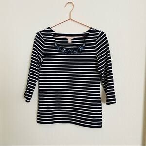 Banana Republic navy blue white stripe 3/4 sleeve top embellished jewel neckline